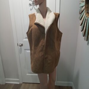 d&co Denim & Company Sz L  Brown Faux Suede & Cream Sherpa-Lined Vest